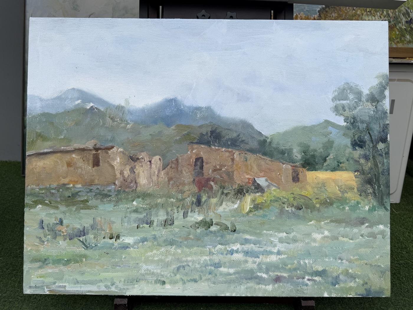 浅灰蓝灰绿与土褐色层次的手绘山居风景油画作品
